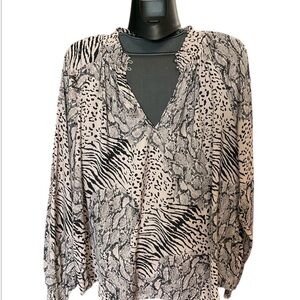 Jennifer Lopez Patterned Smocked Neck Blouse in Animal Print